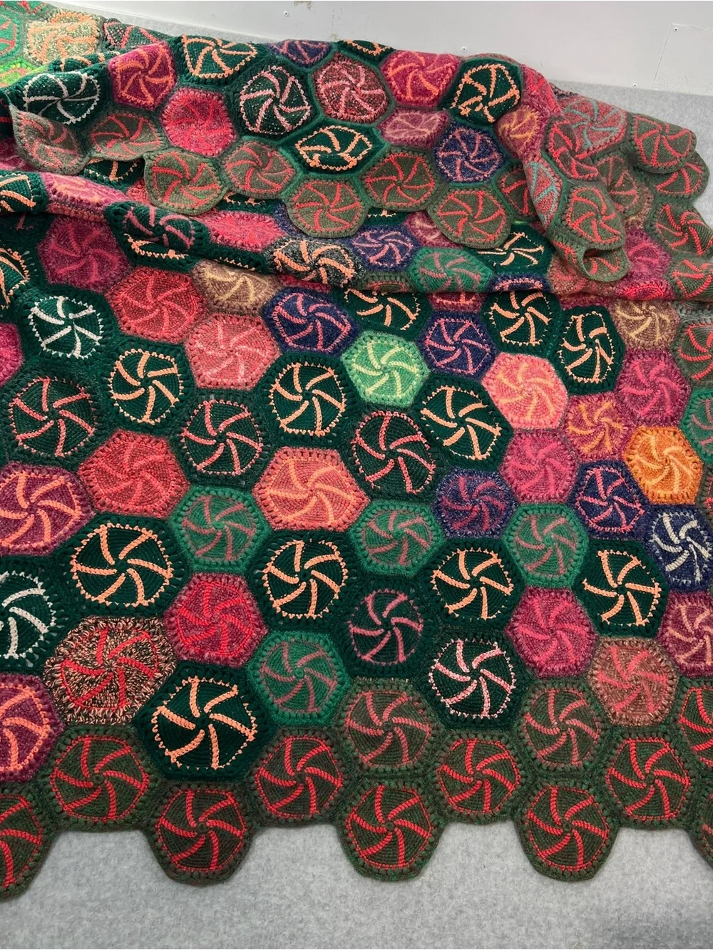 Handmade Multicolor Hexagon Crochet Throw - Green & Pink Accents candy swirl